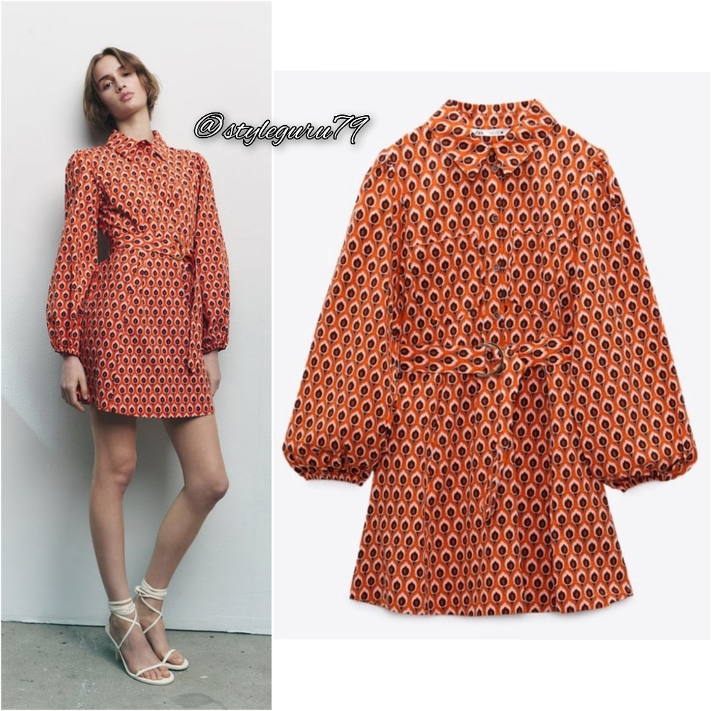 NWT, ZARA, Belted Printed Button Front Long Sleeve Dress